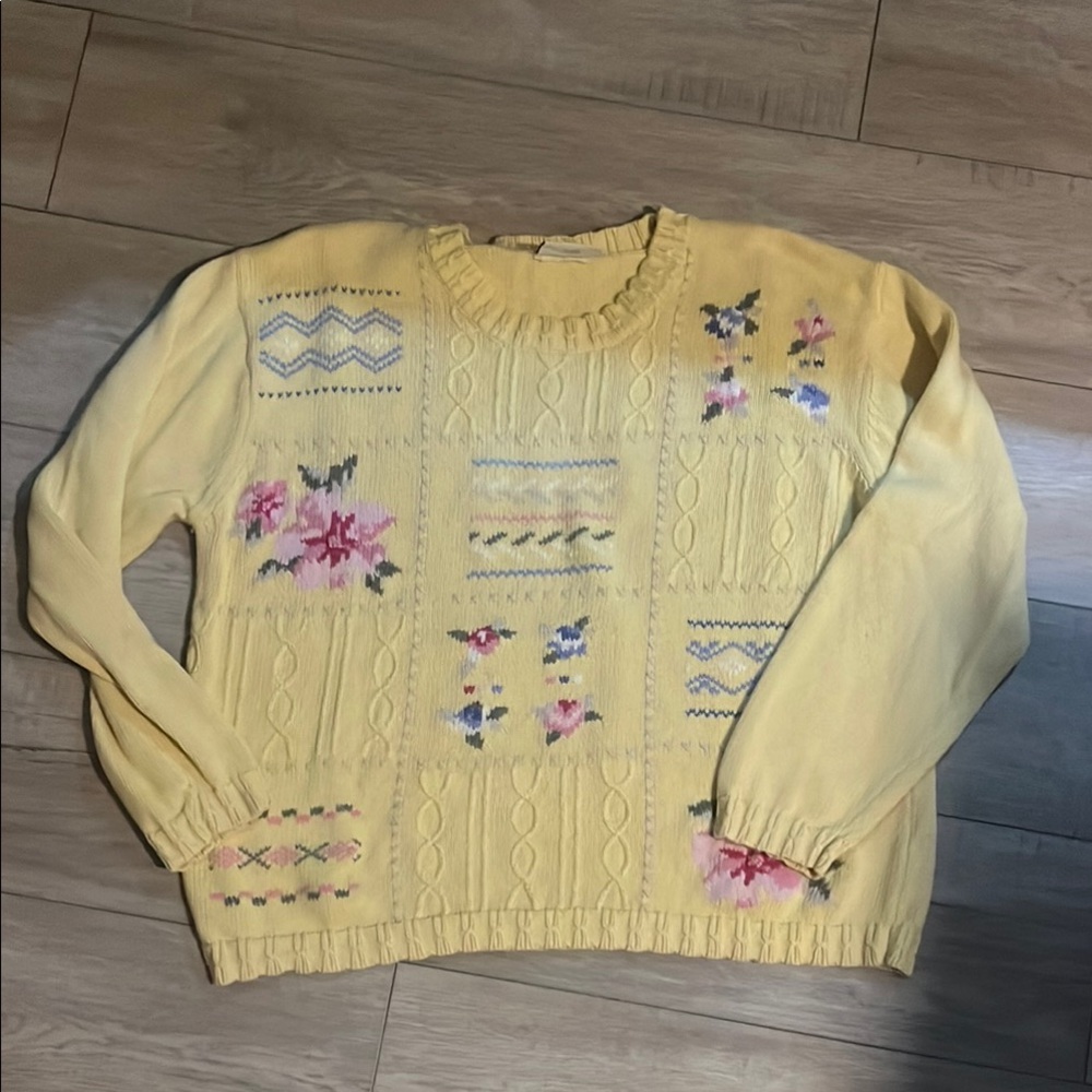 Northern Reflections Vintage Embroidered Knit Sweater Yellow MEDIUM Cottage